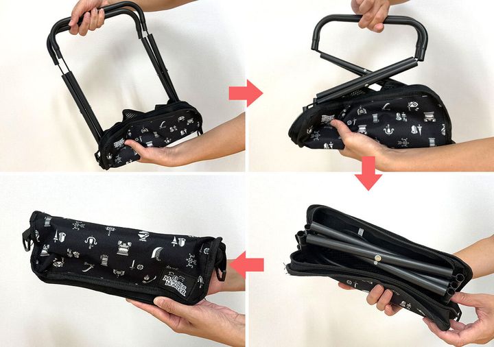 折りたたみイスをたたんで収納するまでの手順を4コマで示す