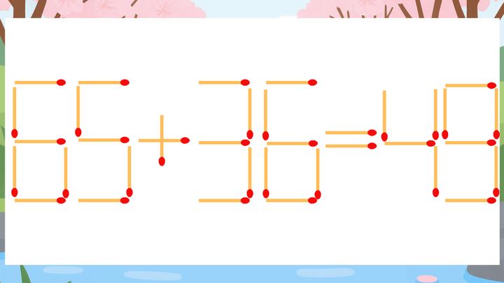 【マッチ棒クイズ】1本だけ動かして正しい式に：65+36=49？の問題画像