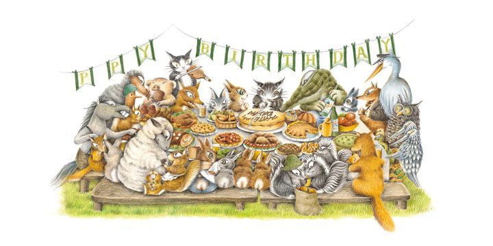 長い食卓を囲む猫のダヤンと動物たちの祝宴
