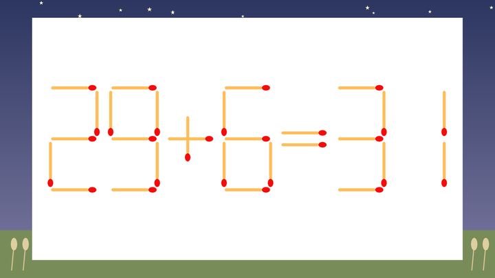 【マッチ棒クイズ】1本だけ動かして正しい式に：29+6=31？の問題画像