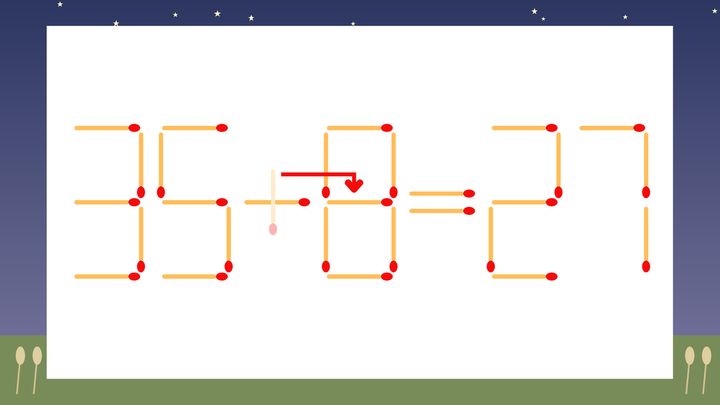 【マッチ棒クイズ】1本だけ動かして正しい式に：35+0=27？の解答画像