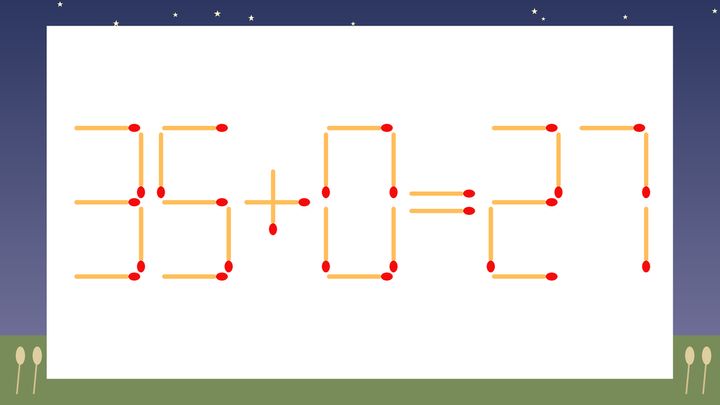 【マッチ棒クイズ】1本だけ動かして正しい式に：35+0=27？の問題画像