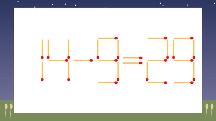 【マッチ棒クイズ】1本だけ動かして正しい式に：14-9=29？の問題画像