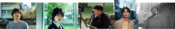 (写真左から)『呪いのスマホ』の山元環監督、早瀬憩、『巨頭オ』の近藤亮太監督、前田拳太郎、未解禁新作の曽根隼人監督が登壇！ [c]「呪いのスマホ」製作委員会[c]2026映画『巨頭オ』製作委員会