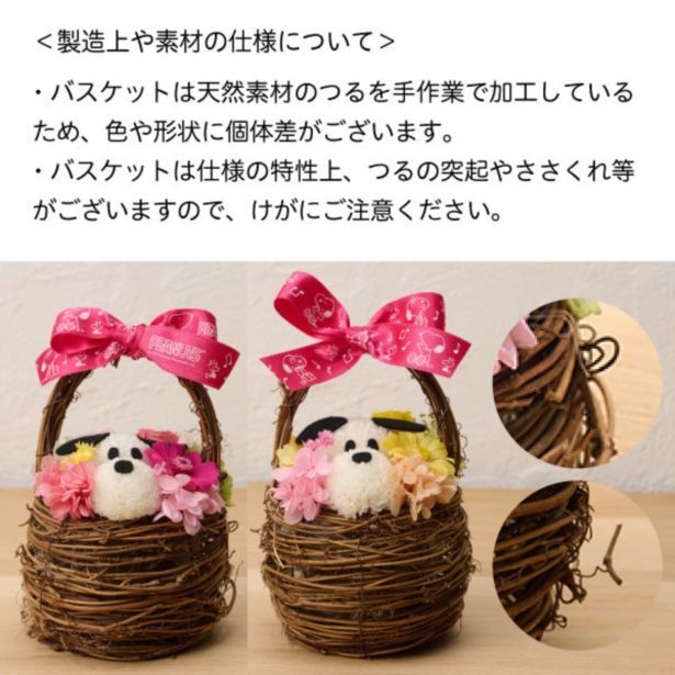 水やり不要でお手入れ簡単。バスケットは天然素材のつるを手作業で加工しているため、色や形状に個体差あり