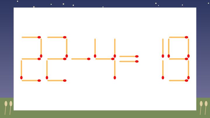 【マッチ棒クイズ】1本だけ動かして正しい式に：22-4=19？の問題画像