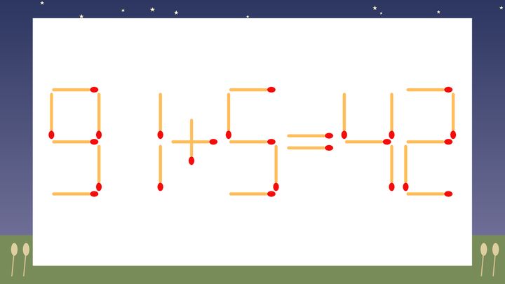 【マッチ棒クイズ】1本だけ動かして正しい式に：91+5=42？の問題画像