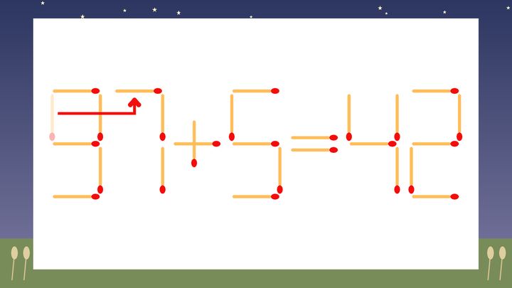 【マッチ棒クイズ】1本だけ動かして正しい式に：91+5=42？の解答画像