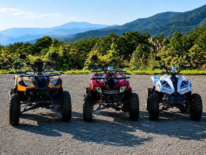 山々を背景に並ぶオフロードバギー体験の3台の車両