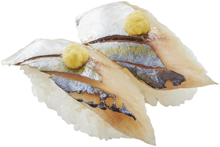 おろし生姜を添えた天然メアジ塩炙りのにぎり寿司