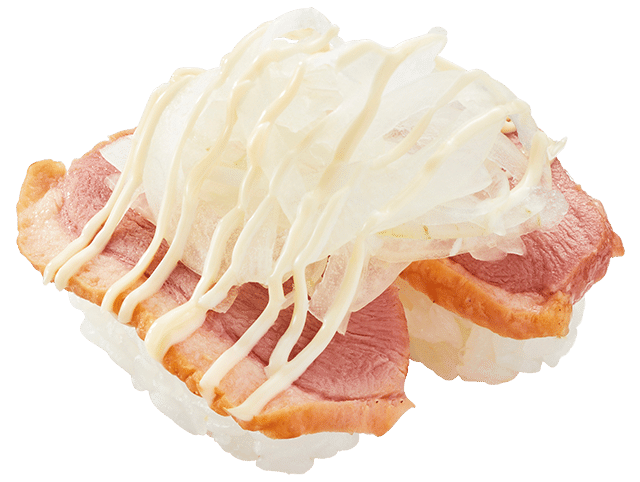 マヨネーズと薬味をかけた合鴨ロース オニオンマヨのにぎり寿司