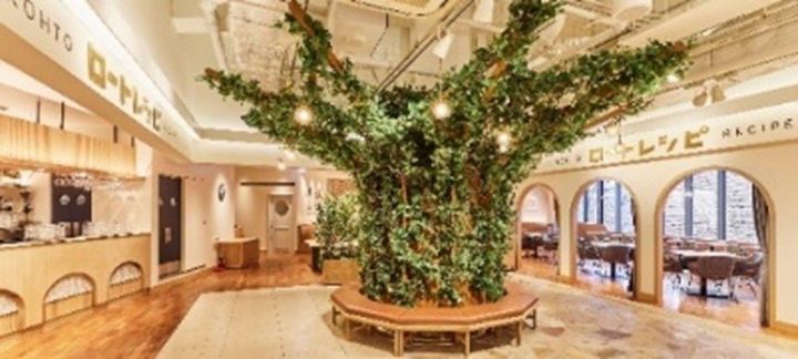 ロートレシピ梅田NU茶屋町プラス店の店内、中央の植栽とベンチ