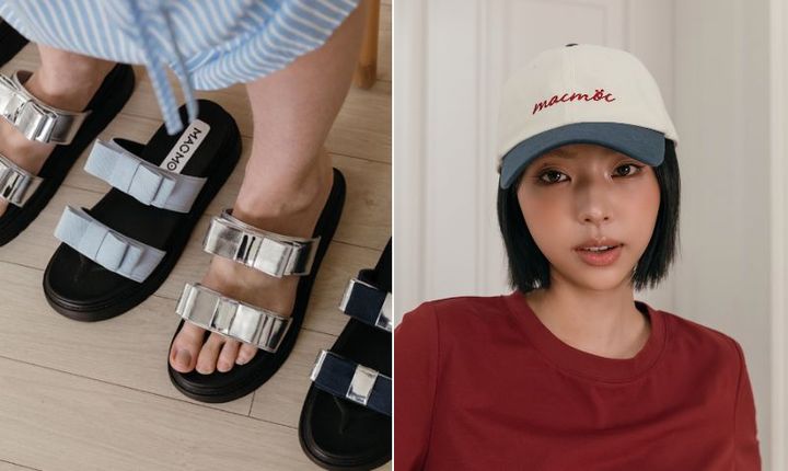 メタリック調のストラップが夏コーデのアクセントにぴったり。「BONA」W9万9000（左）／デイリー使いしやすい万能カラーのキャップ「NULLER キャップ」W4万9000（右）／提供：MACMOC聖水フラッグシップ