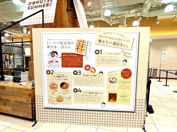 阪神梅田本店 食祭テラス「DONUTS SUMMER どーなつまつり！2026」にて、ドーナツ探求家の溝呂木一美がドーナツを解説したパネル。