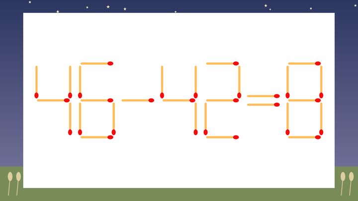 【マッチ棒クイズ】1本だけ動かして正しい式に：46-42=8？の問題画像