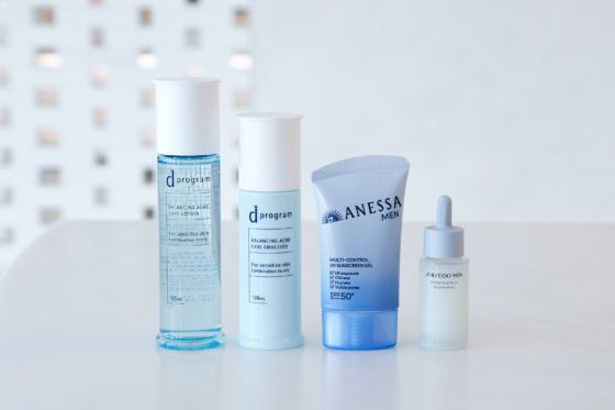 d プログラム バランス＆アクネケア ローション EX（医薬部外品）￥3,300、d プログラム バランス＆アクネケア エマルジョン EX（医薬部外品）￥3,630、SHISEIDO メン スキンマットセラム（医薬部外品）￥5,500、アネッサ マルチ コントロール UV ジェル ※オープン価格【マツキヨココカラ＆カンパニー限定品】