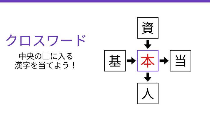 【二字熟語クロスワード】資・基・当・人に共通する一文字は？の解答画像