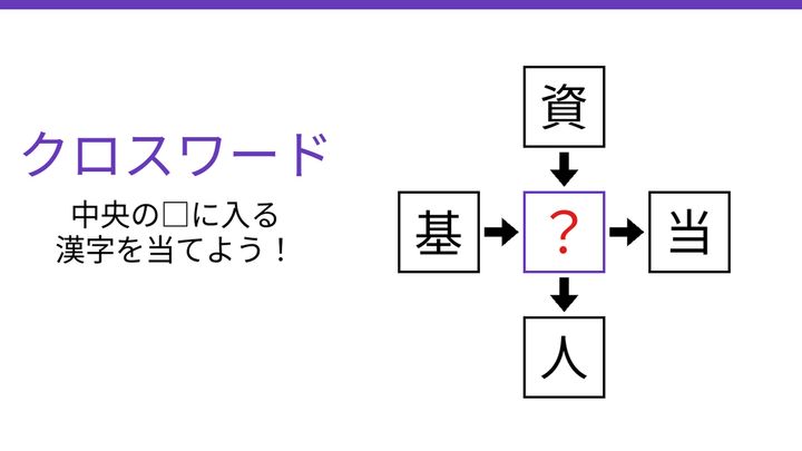 【二字熟語クロスワード】資・基・当・人に共通する一文字は？の問題画像