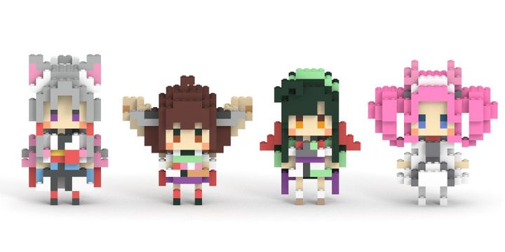4体のブロックフィギュアが並ぶ正面ラインナップ