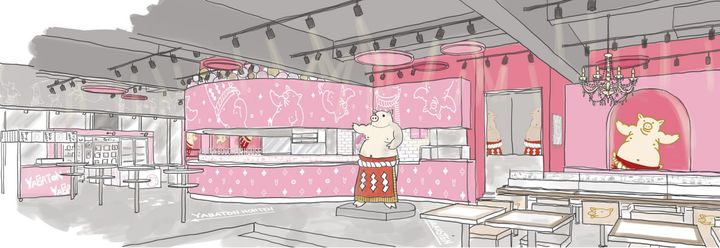 矢場とんぶーちゃんハウスの入口側から見た店内イラスト