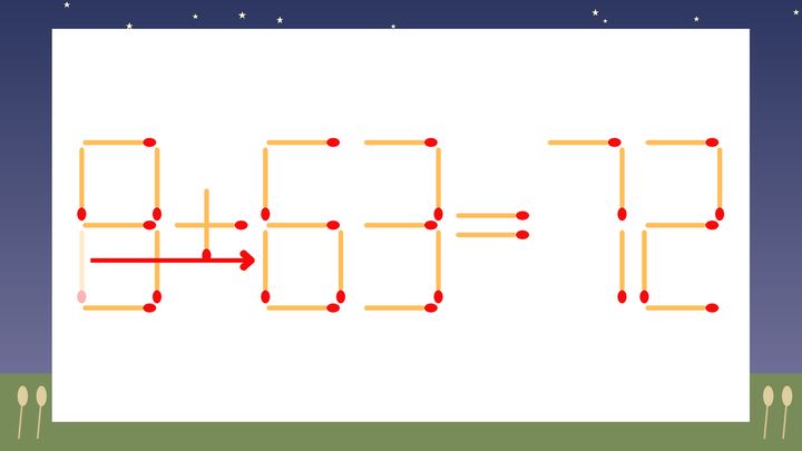 【マッチ棒クイズ】1本だけ動かして正しい式に：8+53=72？の解答画像