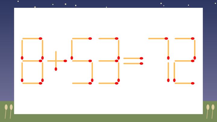 【マッチ棒クイズ】1本だけ動かして正しい式に：8+53=72？の問題画像