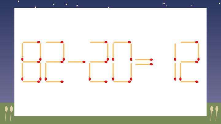 【マッチ棒クイズ】1本だけ動かして正しい式に：82-20=12？の問題画像