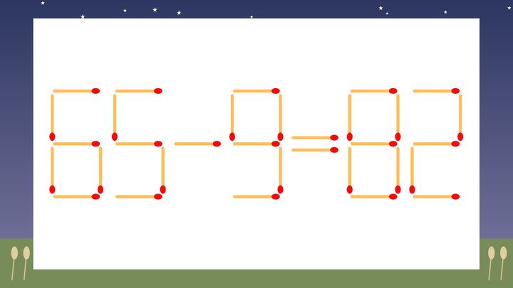 【マッチ棒クイズ】1本だけ動かして正しい式に：65-9=82？の問題画像