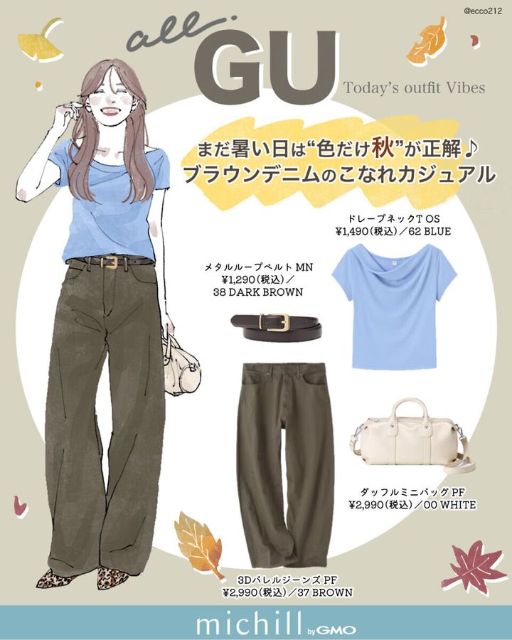 GUのブラウンデニムと水色Tシャツのコーデイラストと商品