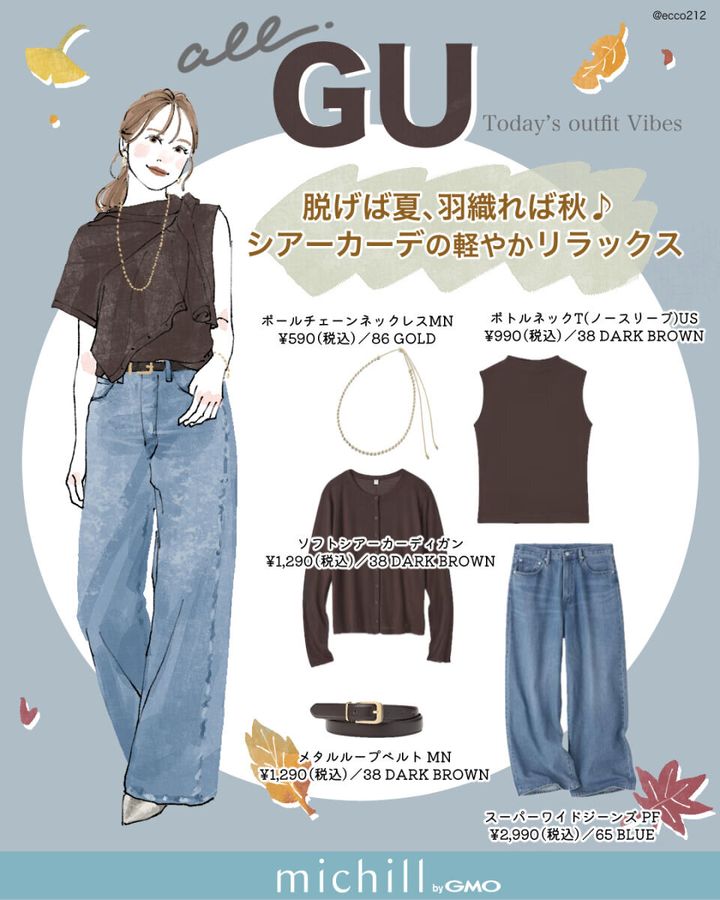 GUのシアーカーデとデニムのコーデイラストと商品