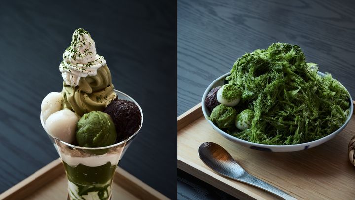 抹茶ソフトクリームパフェと抹茶かき氷