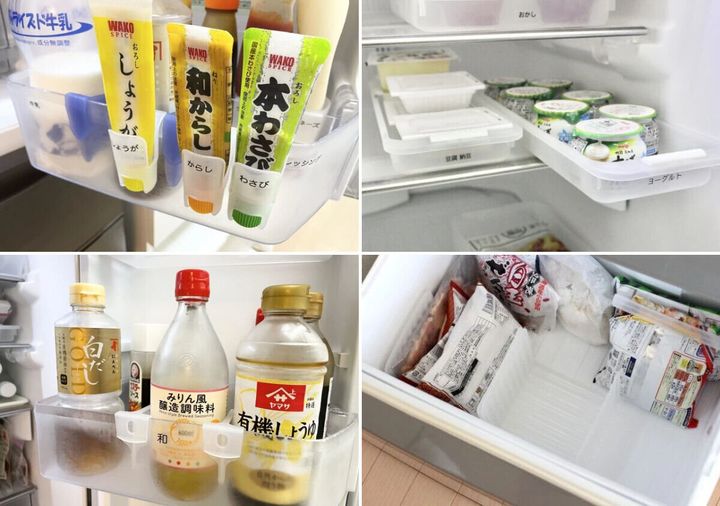 冷蔵庫のドアポケットや棚に収納グッズで調味料や食品を整理