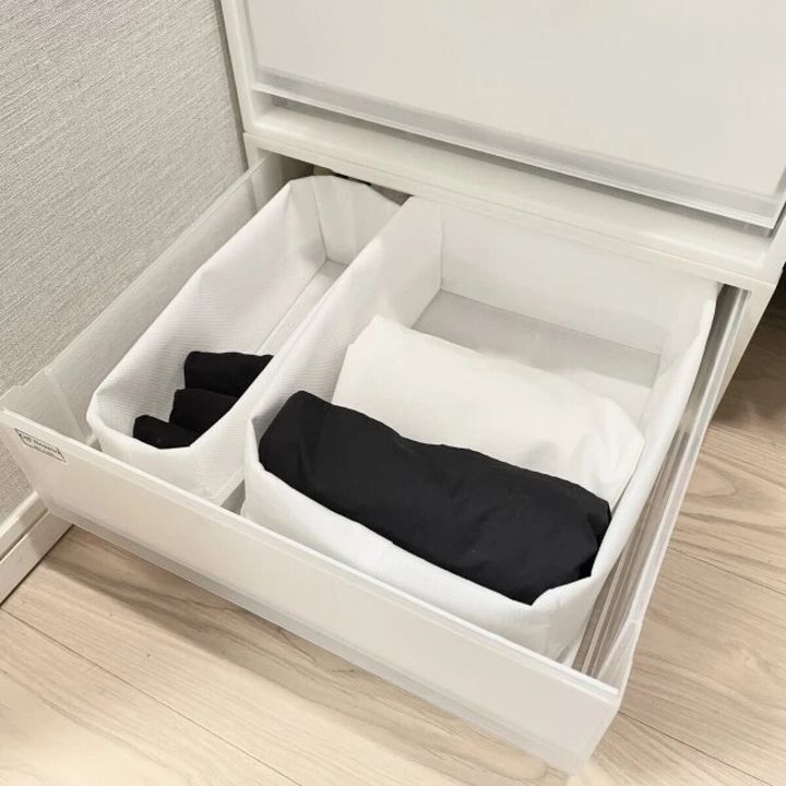 引き出しの中に積み重ね収納ボックスと仕切りケースで衣類を収納