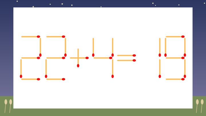 【マッチ棒クイズ】1本だけ動かして正しい式に：22+4=19？の問題画像