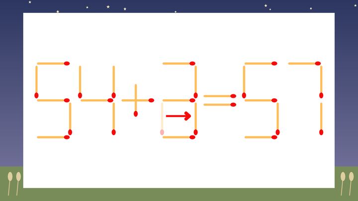 【マッチ棒クイズ】1本だけ動かして正しい式に：54+2=57？の解答画像