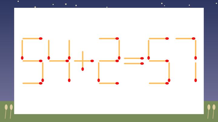 【マッチ棒クイズ】1本だけ動かして正しい式に：54+2=57？の問題画像