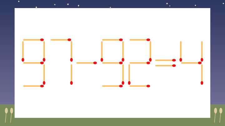 【マッチ棒クイズ】1本だけ動かして正しい式に：97-92=4？の問題画像
