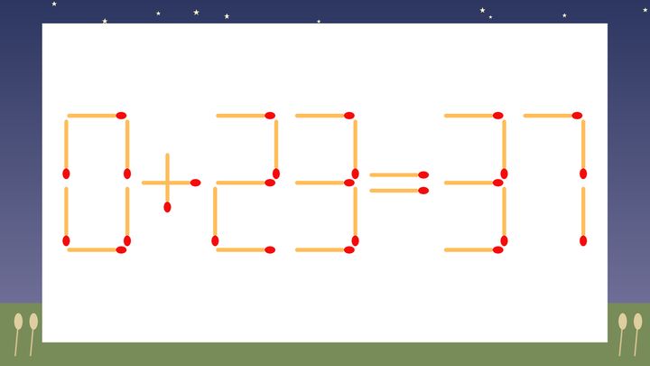 【マッチ棒クイズ】1本だけ動かして正しい式に：0+23=37？の問題画像