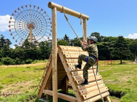 「レンジャーアカデミー」の障害物に挑戦する子ども