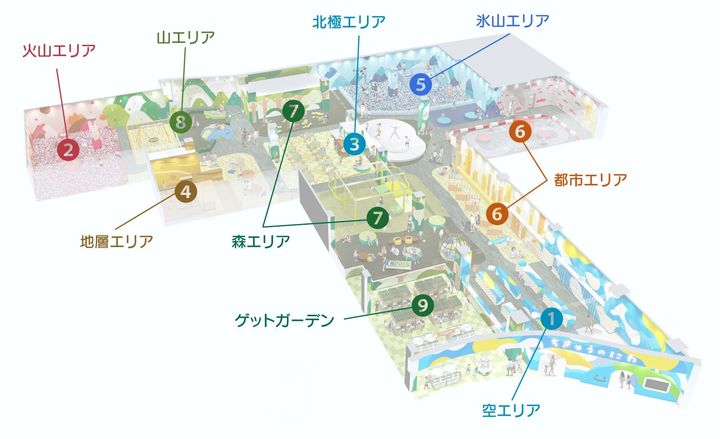 施設全体を斜め上から見たイラストマップで9つのエリアを示す