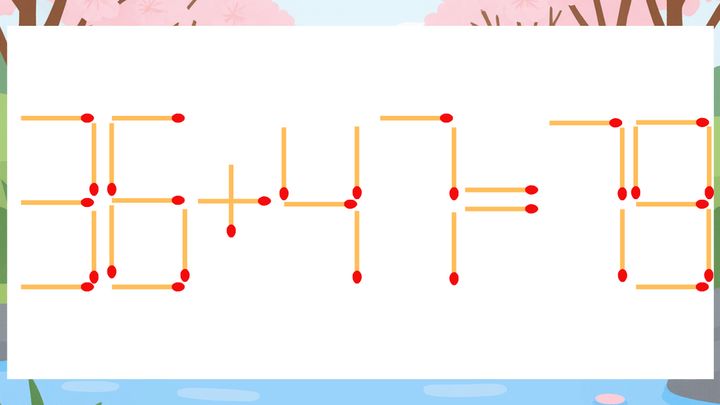 【マッチ棒クイズ】1本だけ動かして正しい式に：36+47=79？の問題画像