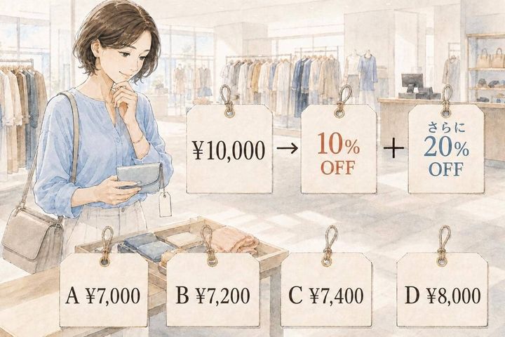 【算数テスト】10％引きのあと、さらに20％引き。10,000円の商品はいくらになる？
