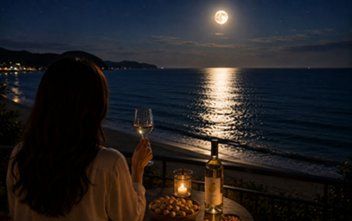 01｜月と海に癒やされる秋 THE ONJUKU terrace［御宿］ 月夜の海を楽しんだ後は、オーシャンビューの客室で梨のスパークリングワインと落花生を。