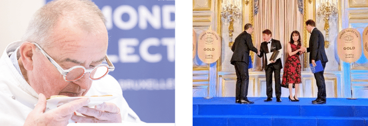 審査風景(左)と、フランス・パリでの授賞式典の様子(右)