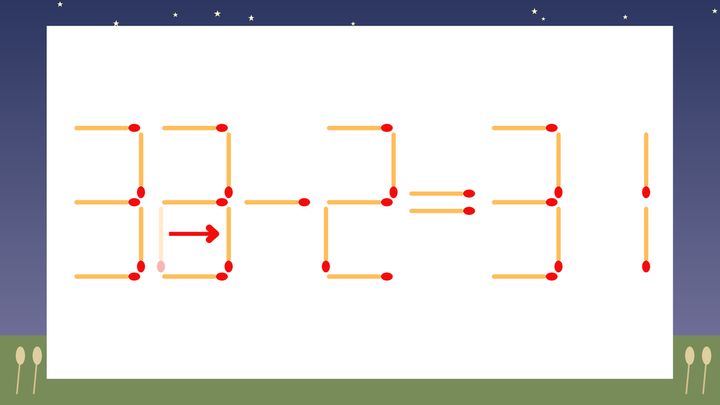 【マッチ棒クイズ】1本だけ動かして正しい式に：32-2=31？の解答画像