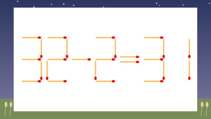 【マッチ棒クイズ】1本だけ動かして正しい式に：32-2=31？の問題画像