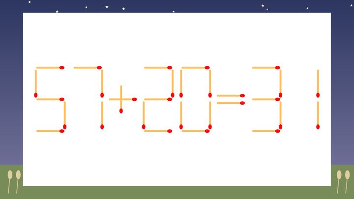 【マッチ棒クイズ】1本だけ動かして正しい式に：57+20=31？の問題画像