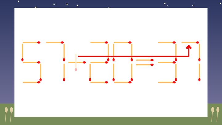 【マッチ棒クイズ】1本だけ動かして正しい式に：57+20=31？の解答画像