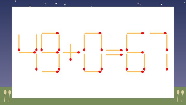 【マッチ棒クイズ】1本だけ動かして正しい式に：49+0=67？の問題画像