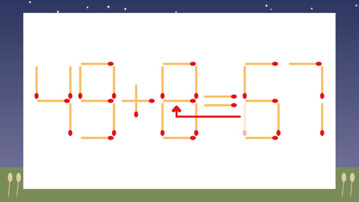 【マッチ棒クイズ】1本だけ動かして正しい式に：49+0=67？の解答画像